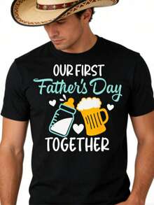 Men's Short Sleeve T-Shirt With Baby Bottle And Heart Print - "Our First Father's Day Together" - Gift For New Dad - Crew Neck - Comfortable Cotton Casual T-Shirt - 黑色 - 查看 11