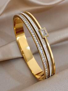 1Pc/3pcs Golden Luxury Zirconia Geometric Bangle Bracelet For Women,Stainless Steel Set,Daily/Beach Boho/Party/Wedding,Mom Gift,Valentine Birthday - Multicolor - View 9
