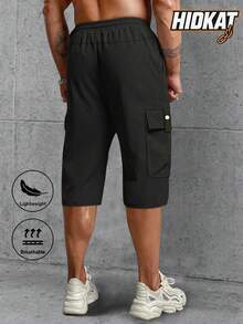 Men's Lightweight Cargo 3/4 Length Shorts, Drawstring Waist Big Pockets Letter Patch, Fashionable Casual Sports Pants Suitable For Daily Wear And Outdoor Activities Black Summer - 黑色 - 查看 2