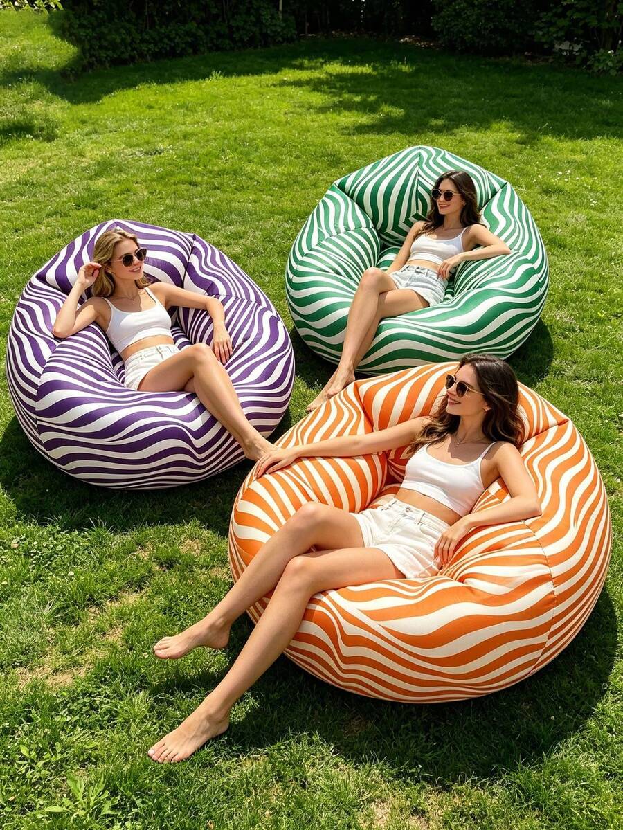 3 piezas/1 pieza Silla de salón inflable portátil a rayas para exteriores, silla de sofá esférica suave y holgada, material de PVC transpirable, diseño minimalista de rayas de unicolor, estructura ergonómica