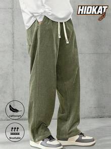 Pantalones casuales rectos con cordón elástico en la cintura, de pana, estilo retro para primavera y otoño - Verde - Ver 3