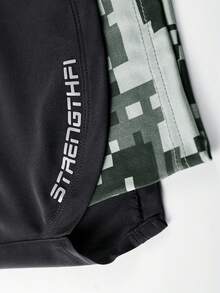 Men's Sports Shorts, Black Minimalist With Camouflage Hem, 2 In 1 Design + Waist Drawstring, Comfortable And Non-Clinging, Perfect For Fitness, Running, Training, Slightly Stretchy Fabric Without Restriction, First Choice For Summer Sports Style, Essential For Outdoor Activities And Gym Workouts. - Black - View 5