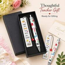 3-Piece "Thank You Teacher" Gift Set, Includes Apple Pendant Metal Bookmark, Matching Ballpoint Pen And Gift Box, Suitable For Male And Female Teachers As Appreciation Gift, Applicable For Back To School, End Of School Year And Reading/Writing Themed Gifts - "Thank You Teacher" Gift Set - View 7
