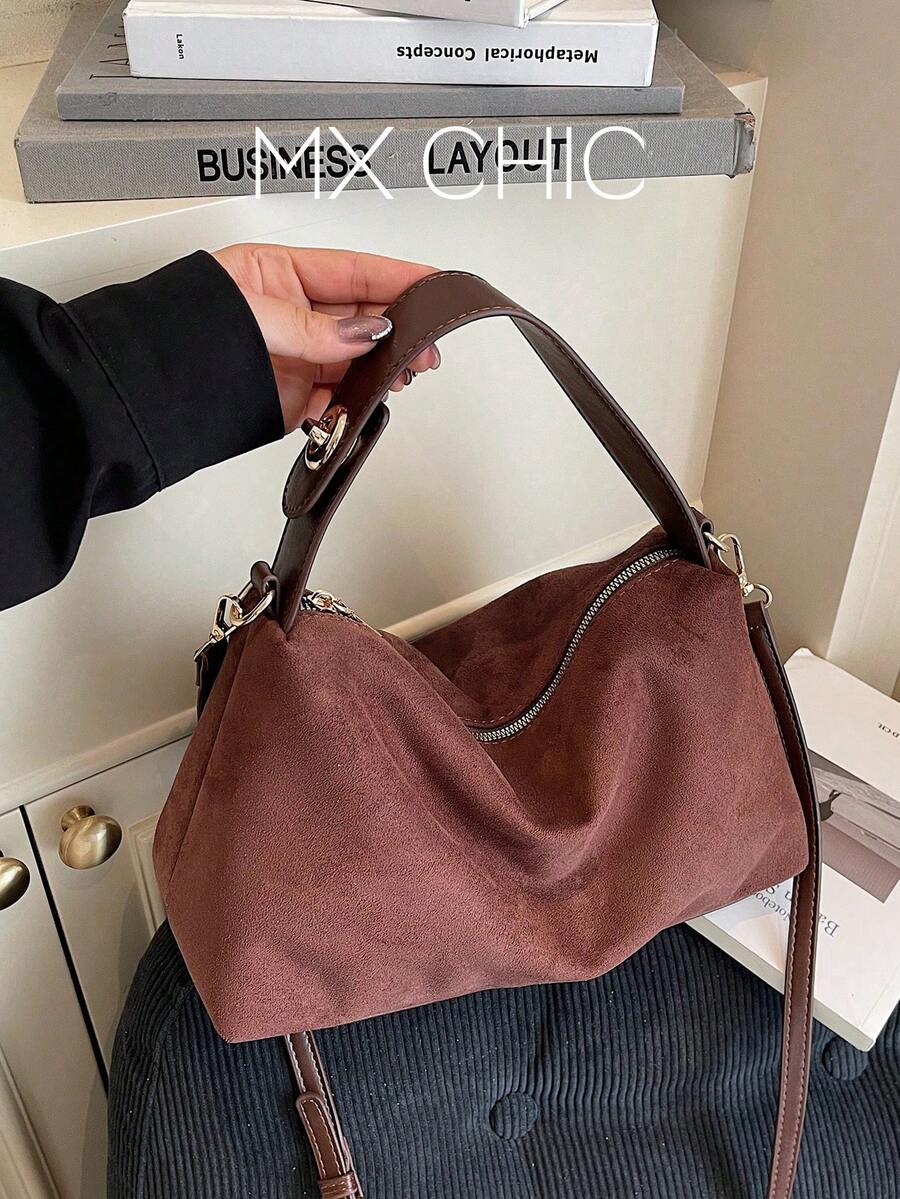 1 件女士新款新月手提包,时尚简约绒面革托特包,适合约会、送礼、通勤、购物 - 咖啡 - 查看 1