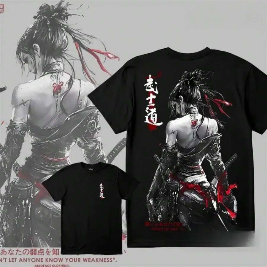 Unisex Black T-Shirt 100% Unwashed Cotton, A320 Geisha Design With Hannya Mask, Anime And Samurai Style, Streetwear Aesthetic Fashion, Casual Wear For Men And Women, Perfect For Use - 玫紅色 - 查看 1