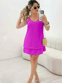 Women's Short Loose Tiered Ruffle Dress Candy Colors Summer Adjustable Straps - Margenta - View 4