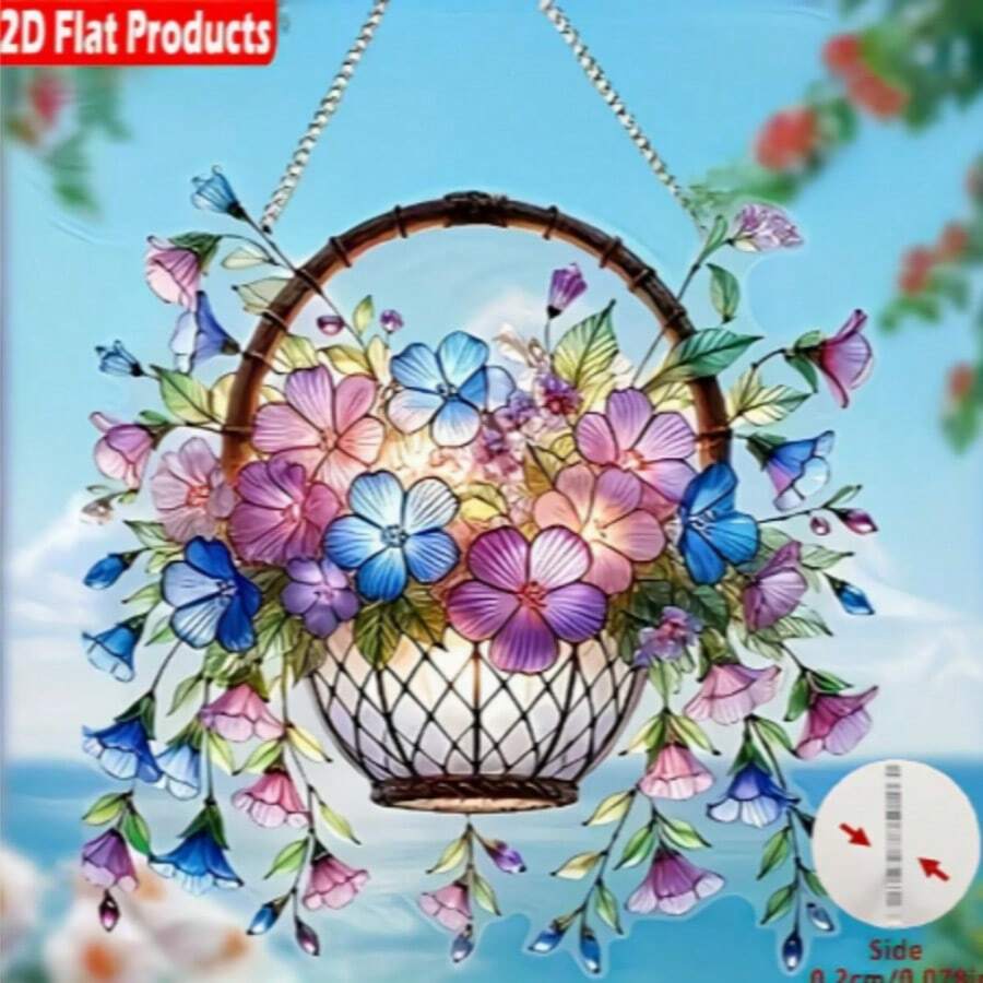 2D Acrylic Window Hanging Garden Sun Catcher - Flower Basket Floral Pattern, Perfect For Home, Porch, Bedroom, Office, Outdoor Patio Window Decor - A - View 1