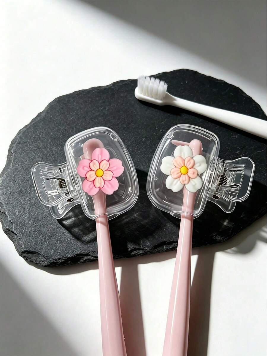 3D Sakura Pattern Toothbrush Holder - Cute Design For Travel And Home Storage With Transparent Lid, Compact And Portable Design Easy To Carry, Protects Toothbrush Head, Dual Drainage And Ventilation Function, Suitable For Home, Dorm And Travel Use | Cute Toothbrush Head Storage Rack Suitable For Bathroom Storage, Back To School Season, Suitable For Home And Dorm Use - Multicolor - View 1