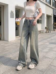 YEAE | Celana Jeans Wanita Model Retro Amerika dengan Potongan Longgar dan Lebar, Pinggang Tinggi, Potongan Lurus, dan Ujung Berumbai, Gaya Kasual Musim Gugur - Light Wash - View 6