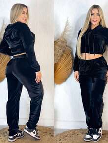 Women's Crystal Velvet Set With Hood And Zipper, Pants With Pocket, Cold Weather, Autumn/Winter - 黑色 - 查看 7