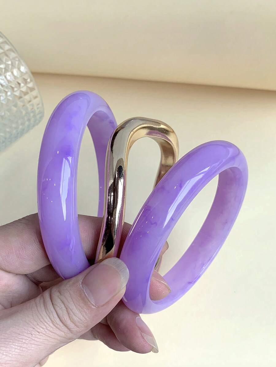 LADYCOCO Set Of 3 Vintage Thick Acrylic Resin Bracelets With Gold Wavy Asymmetrical Bangles For Women, Party And Daily Wear