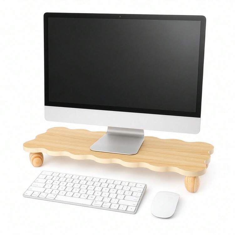 Wood Monitor Stand Riser, 60x24x8 Cm – Cute Cloud Shape  Desk Shelf, Laptop Riser For PC, Printer, TV, White & Brown - View 6