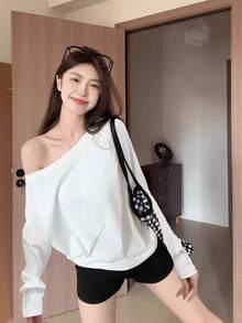 女款白色純色極簡慵懶居家百搭露肩直領浪漫海灘街頭Y2K辣妹上衣T恤 - 白色 - 查看 2