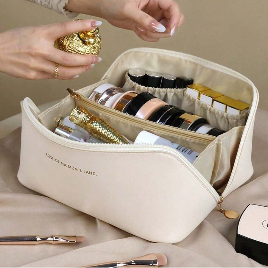 1pc PU Leather Waterproof Double Layer Makeup Bag, Portable Travel Toiletry Bag, Compartmentalized Cosmetic Organizer, Large Capacity Lipstick Eyeshadow Makeup Storage Pouch, Suitable For Cosmetics, Skincare, Makeup Storage.