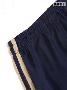 Celana Olahraga Kasual Pria Warna Biru Tua, Celana Panjang Lurus dengan Tiga Garis Beige dan Tali Serut di Samping, Celana Panjang Olahraga Serbaguna untuk Sehari-hari di Musim Gugur - Navy Blue - View 9