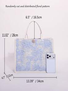 Bolso de mano de lino con bordado de malla de lentejuelas y patchwork floral azul claro, bolso tote de gran capacidad con patrón floral horizontal cuadrado, adecuado para vacaciones casuales (patrón floral distribuido aleatoriamente) - Celeste - Ver 3