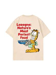 SHEIN | Garfield 女款米色雙面印花T恤，美食愛好者卡通貓千層義大利麵紅色字母印花，寬鬆短袖，日常街頭女孩休閒穿搭 - 杏色 - 查看 5