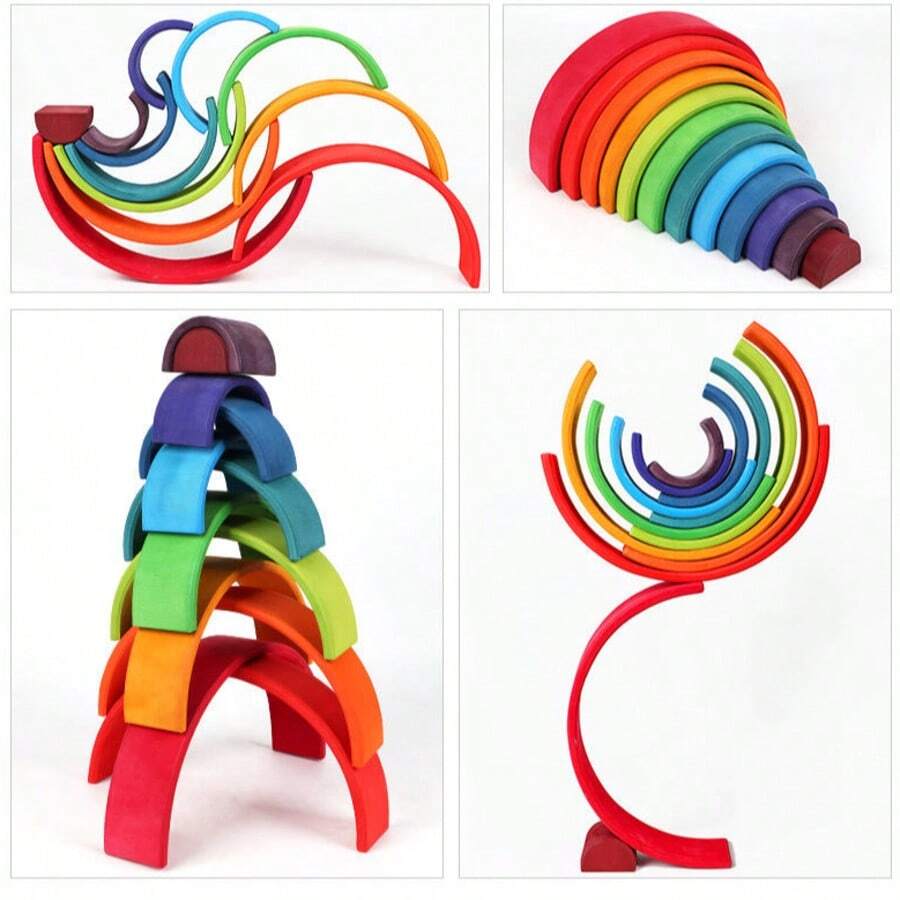 Solid Wood Rainbow Stacking Blocks, Early Education Educational Puzzle Toy For Toddlers, Develops Logical And Creative Thinking, Free Construction Of Multiple Shapes, Home And Kindergarten Brain Development Toy - Multicolor - View 1