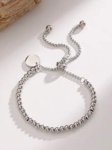 MECYLIFE 1pc Stainless Steel Beaded Bracelet For Women, Adjustable, Non-Fading, Personalized Polished Round Disc Jewelry - Silver - View 5