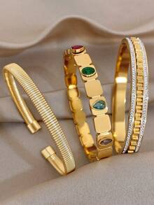 Conjunto de Joias de Pulseiras Rígidas Retro de Luxo em Aço Inoxidável Dourado com Zircónia Verde para Mulher, Elegante para Uso Diário/Verão/Festa, Presente para Mãe, Dia dos Namorados e Aniversário - Multicolorido - Ver 8