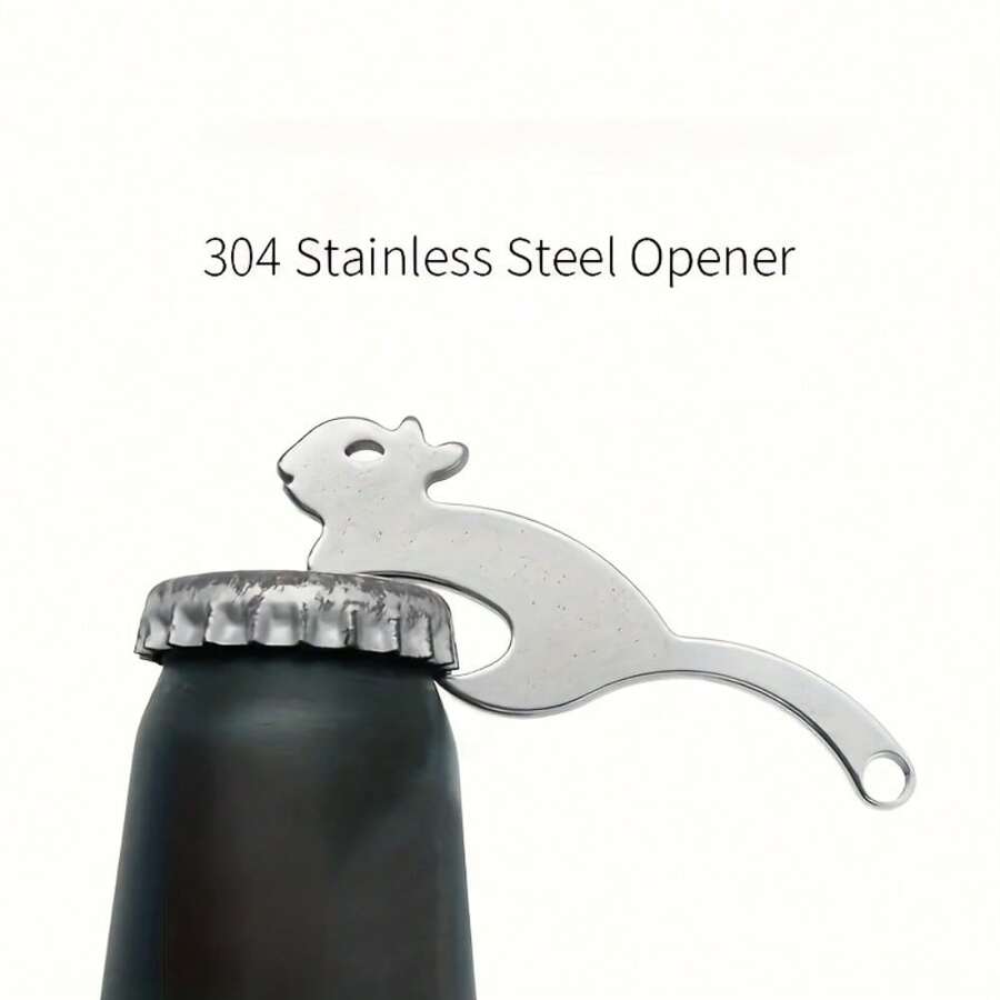 1pc Creative Squirrel Shaped Stainless Steel Bottle Opener Keychain, 304 Stainless Steel Material, Portable Pendant Style, Camping Accessory, Fashionable Key Ring - Silver - View 1