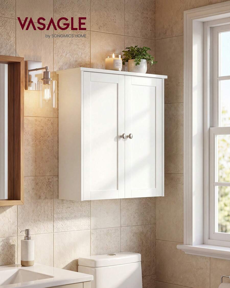 VASAGLE Bathroom Wall Cabinet, Hanging Bathroom Storage Cabinet, For Medicines, Farmhouse, 2 Adjustable Shelves - Cloud White - View 1