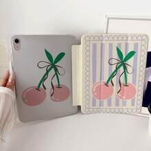 1 pieza Funda para tableta con estampado a juego de rayas verticales lilas, lazo y cereza, impresión de doble cara, compatible con iPad PRO/AIR, compatible con SAMSUNG, compatible con XIAOMI Pad 5/6/7, compatible con Huawei Matepad - Multicolor - Ver 1