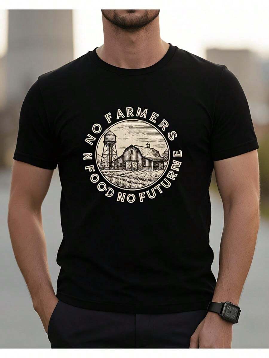Men's Black Soft Breathable T-Shirt With Vintage Farm Emblem Print And The Phrase "No Farmers, No Food, No Future," Loose Fit Ideal For Daily Wear By Farmers And Meetings - 黑色 - 查看 1
