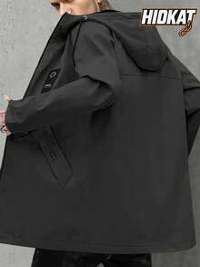 Men's Mid-Length Lightweight Windbreaker Jacket, Hooded With Drawstring, Solid Color, Suitable For Casual Outings, Daily Wear, Workouts, Hiking, Boyfriend Trips, Camping, Fall Clothes Black Spring Sports - Black - View 2