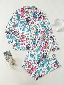 Women's Fall Winter Pajama Set, Fun Monkey Print, Button Front Long Sleeve Top, Elastic Waist Pants, Soft Stretch Fabric - White - View 2