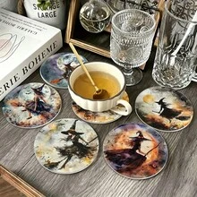 6入組 PET 杯墊，萬聖節女巫設計耐熱杯墊，可水洗，高 CP 值，適用活動與派對裝飾、桌面中心裝飾，萬聖節、聖誕節、感恩節節日裝飾 - PET杯墊-1827 - 查看 3