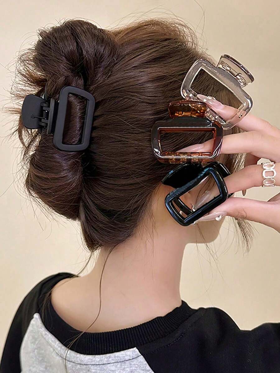 4pcs/1 Pc 5cm/1.97in Square Plastic Hair Clips In Black, White, Brown And Khaki, Stylish Hair Accessories, Claw Clip For Summer And Beach Vacation - 多色 3 - 查看 1