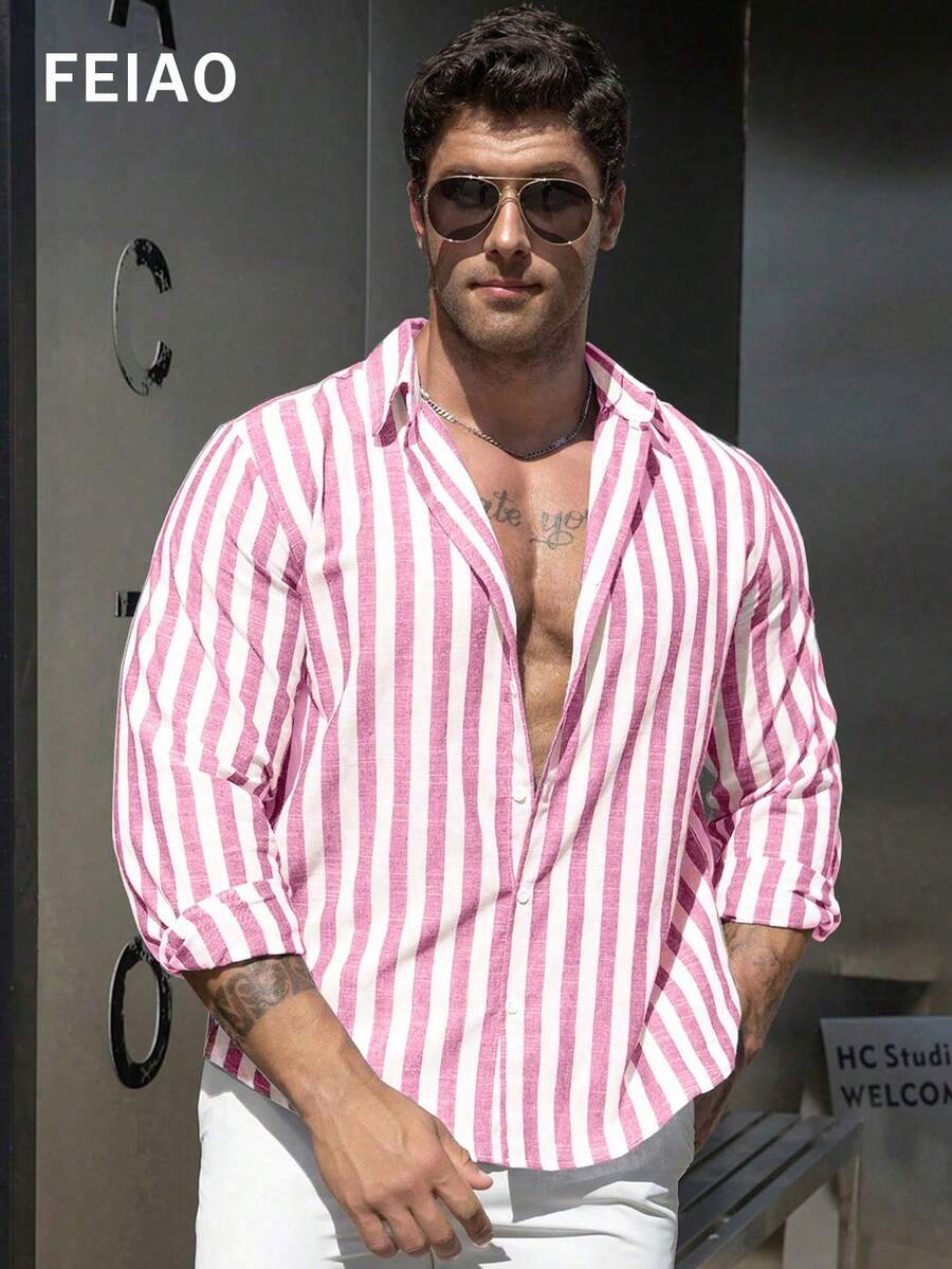 FEIAO Men's Vintage Coin-Inspired Striped Casual Long Sleeve Shirt, Versatile All-Season Style, Plus Size - Baby Pink - View 1