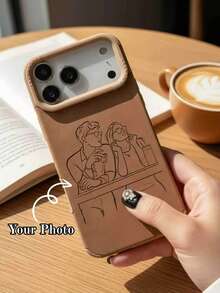 Customized Soft Leather Phone Case With Line Art Design, Compatible With IPhone 17/16/15/14/13/12/11 Pro Max And Plus Series, Lens Protection, Anti-Fall And Wear-Resistant, UV Printing Technology, Handwritten Brush Style, Perfect Gift For Birthday And Anniversary - Khaki - View 2