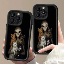 Retrato de un alienígena gris con gatos coloridosfunda de teléfono Fundas compatibles con ,Apple,VIVO,OPPO,,, y Honor.Fabricadas en silicona TPU,ofrecen protección contra golpes y caídas. - Negro - Ver 1