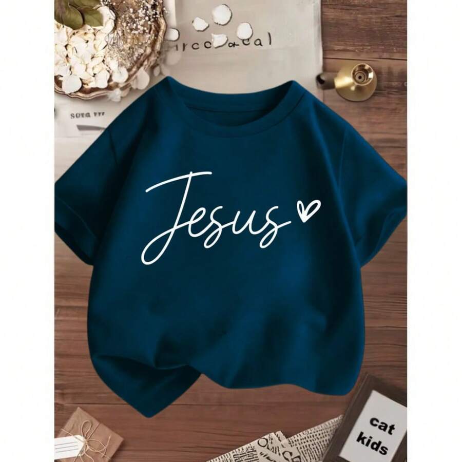 Blusinha Camiseta Menina Infantil Juvenil  Jesus Frases Cristã/Evangélica Gospel 100% Algodão - Azul Marinho - Visão 1