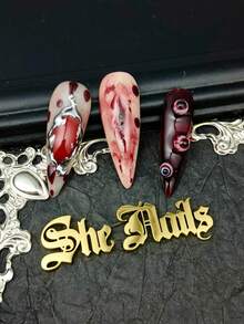 DIY Gothic Punk Bloody Halloween Black/Green/Red Nail Art Fake Nails 10pcs Metallic Pointed Handmade Press-On Nails 3D Handmade Eyes/Ghosts/Bloodstain Gradient 3D Silver Beads Suitable For Party/Daily/Cosplay, Includes Jelly Glue And Nail File - Multicolor - View 7