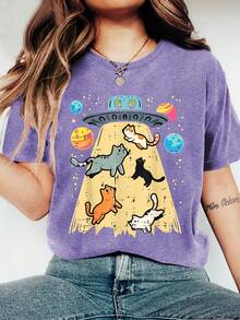 Adorable Cat Print, Comfortable, Soft, Elegant, Vintage, Casual, Versatile For Parties, Available In Sizes S-XXL, Suitable For Spring, Summer, Autumn And Winter, Sporty Style KWCN - 紅色 - 查看 8