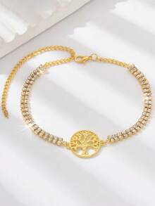 1pc Summer Minimalist Beach Style Tree Of Life Anklet With Full Rhinestones And Personalized Round Pendant, Suitable For Women's Daily Wear And Vacation - Gold - View 6
