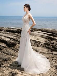 HEARBOBO Baroque Style Cute White Elastic Floral Lace Patchwork Wedding Dress With Train - White - View 5