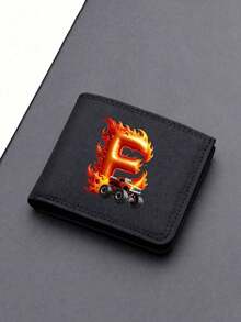 1pc Back To School Mini Cute Cartoon Personalized Fun 26 Excavator Construction Vehicle Flame Letter Print Bifold Wallet, Multiple Card Slots Inside, Can Hold Bank Cards, ID Cards, Cash, Meets Daily Travel Storage Needs. Suitable As Fan Gift, Birthday Small Gift. - Black - View 22