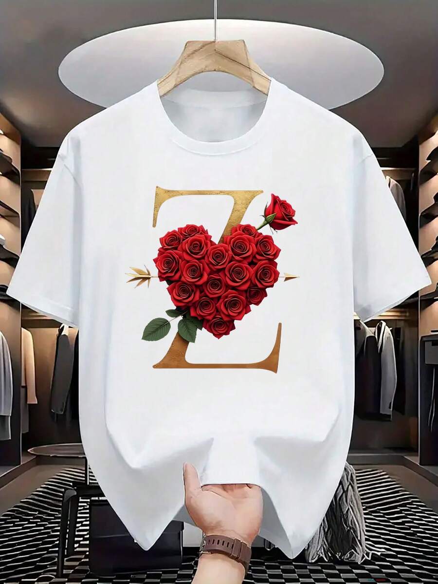 1 Pack: The Aesthetics Of Love! Rose Heart + Letter Z, Igniting Your Unique Romantic Statement - Men's Casual Style T-Shirt, A Clear Expression Of Love, A Sweet - 白色 - 查看 1
