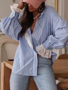 Women's Preppy Style Blue Striped Shirt, Contrast Lace Ruffle Trim, Long Flared Sleeves, Shirt Collar, Fashion Polyester Blouse - Multicolor - View 2
