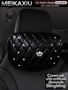 MEIKAXIU PU Leather Embroidered Rhinestone Crown Blingbling Car Headrest Pillow Car Decoration Accessories For Women - PU Soft Leather Crown Version With Artificial Diamonds - View 1