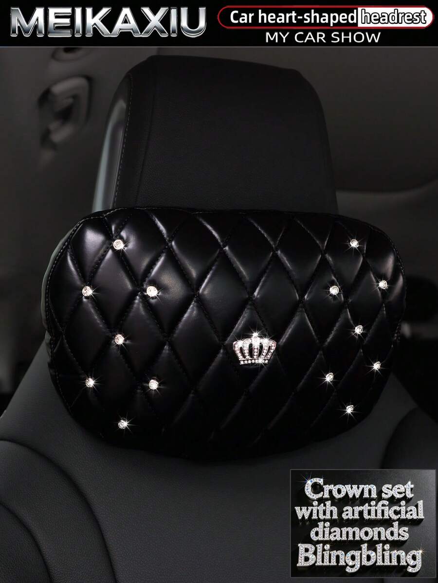 MEIKAXIU PU Leather Embroidered Rhinestone Crown Blingbling Car Headrest Pillow Car Decoration Accessories For Women - PU Soft Leather Crown Version With Artificial Diamonds - View 1