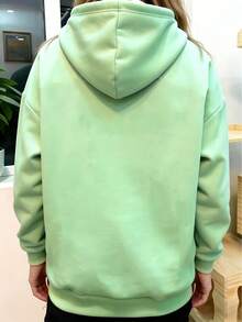 Women's Green Kangaroo Pocket Pet Pocket Sweatshirt, Warm Lining Pullover, Long Sleeve, Regular Fit, With Front Pocket Casual - View 4