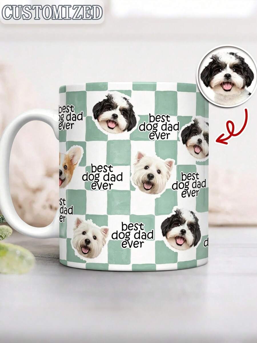 Custom Plaid Pet Face Ceramic Mug, Personalized Dog Portrait Coffee Cup, 11oz Double-Sided Print, Best Dog Dad, Customized Pet Owner Father's Day Birthday Gift - Multicolor - View 1