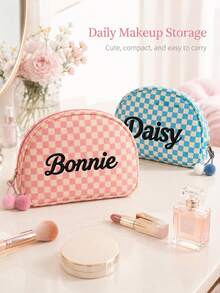 (Embroidered Custom) 1PC New Striped Shell Toiletry Bag, Fresh Macaron Color Palette, With Zipper And Personalized Custom Makeup Bag, Portable Toiletry Storage Bag For Travel, Random Color Pom Pom Design, Cute Gift For Family, Friends, Birthday, Holiday Essential - Multicolor - View 3