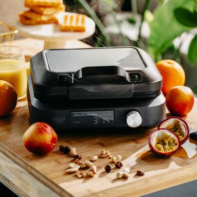 ADLER AD 3087 Waffle Maker 2200W, Premium Double Belgian Waffle Iron With LED Display, Automatic Timer, Heating Plate Sensor, 6 Browning Levels, Deep Non-Stick Plates 17x9x2 Cm, Cool-Touch Handle, Anti-Slip Feet And Cord Storage
