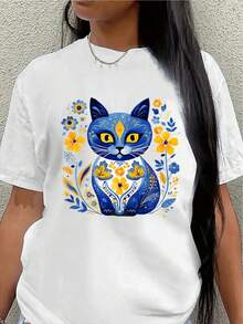 Camiseta de Mujer   Camiseta de manga corta, ligera y resistente, con diseño de gato azul brillante y estampado floral, ideal para salidas informales en casa, restaurantes o al aire libre. T - Blanco - Ver 1